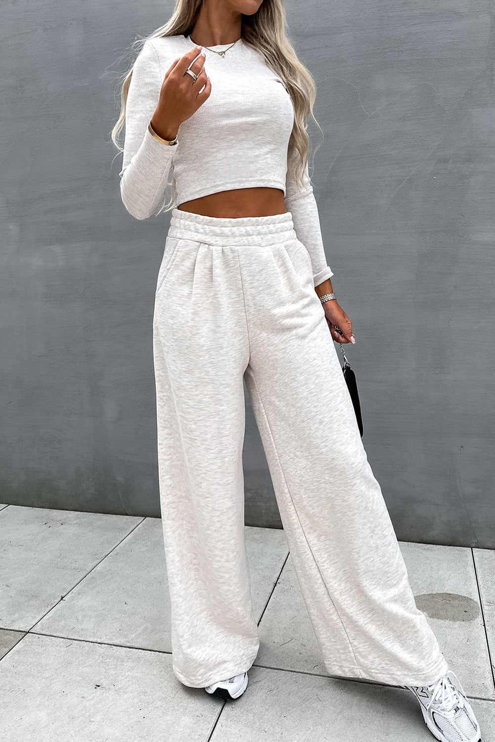 Black Long Sleeve Crop Top And Wide Leg Pants Set - Kustom Kreations Goods
