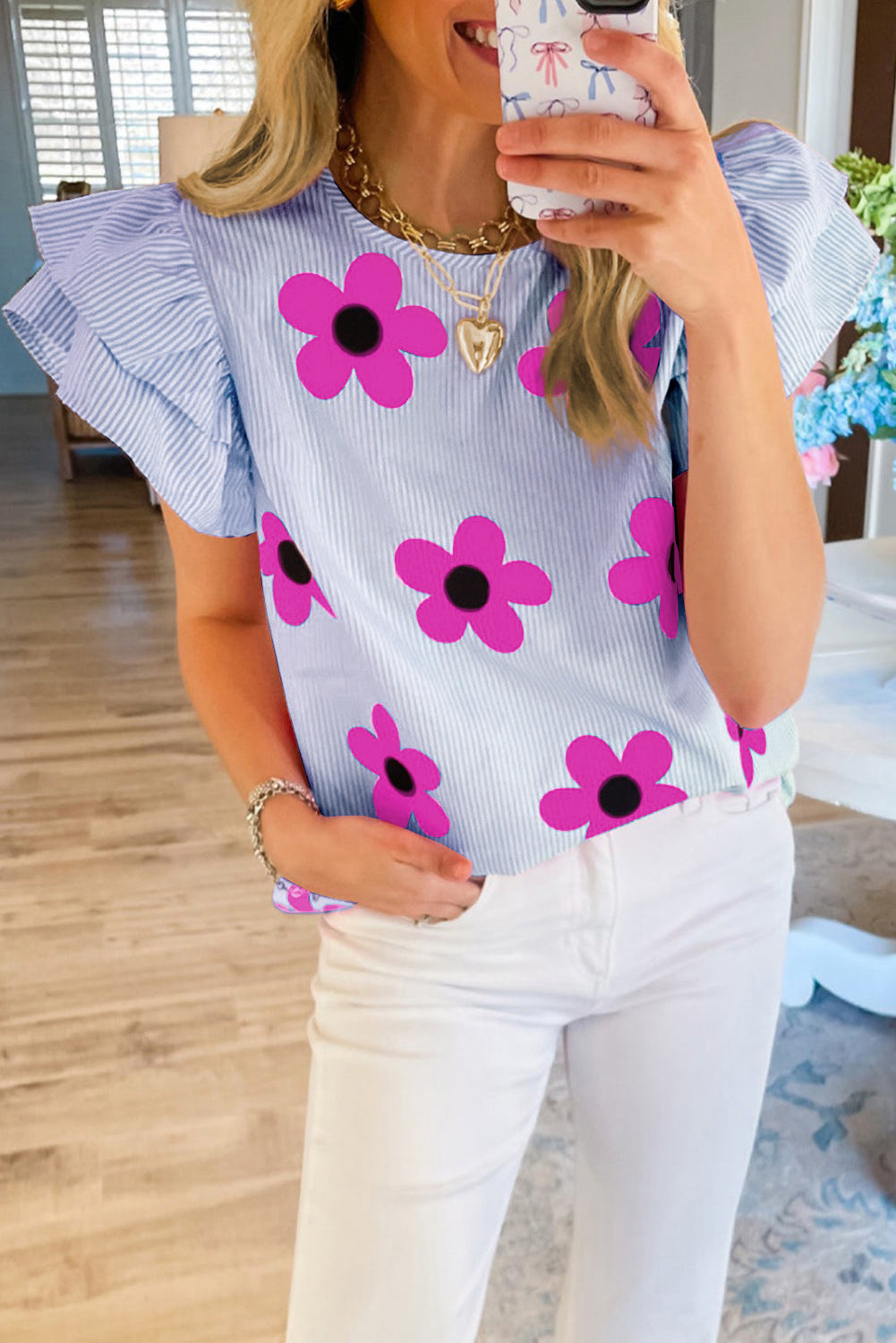 Sky Blue Stripe Floral Print Ruffled Flutter Sleeve Blouse
