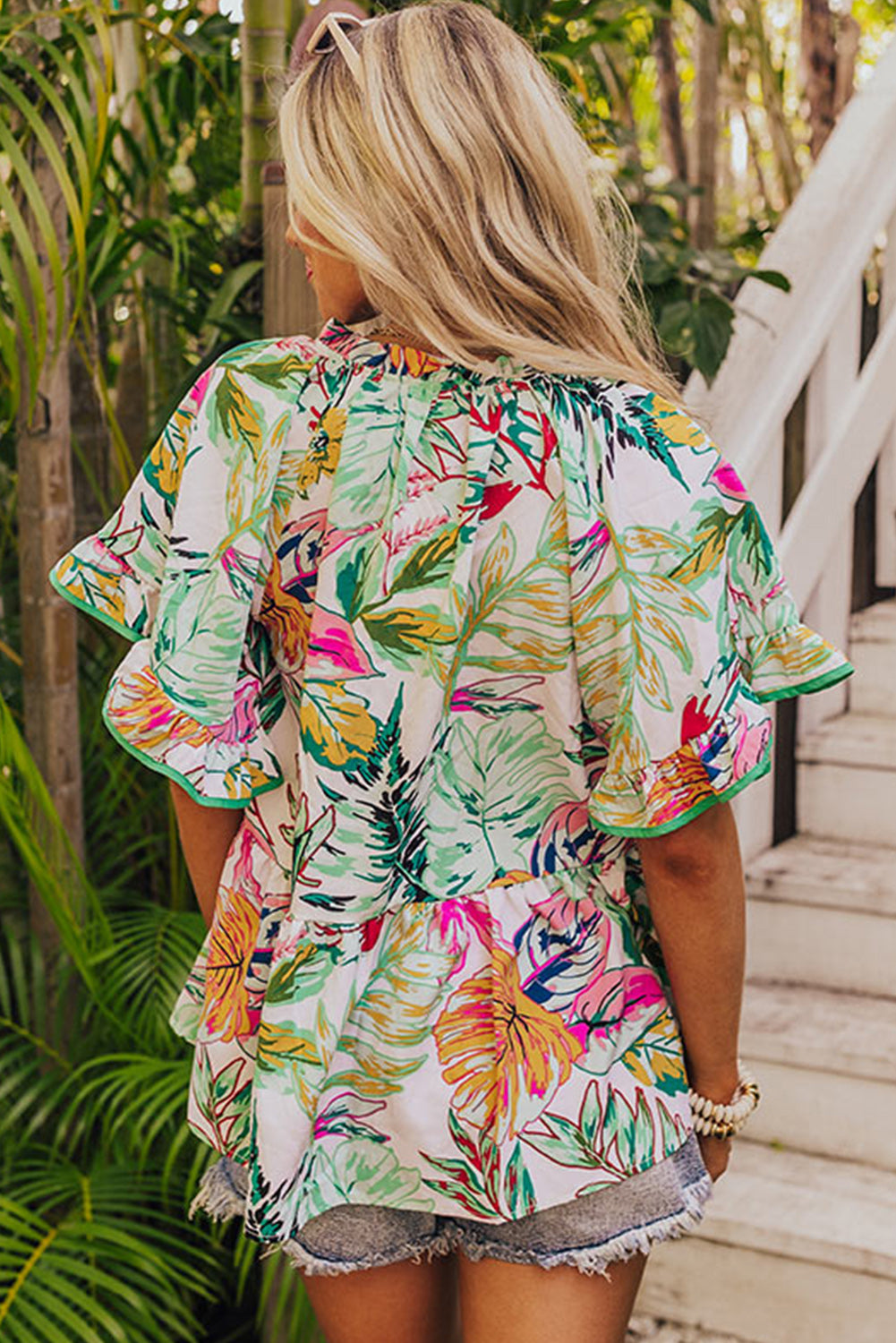 White Tropical Plant Print Tie Neck Ruffle Blouse