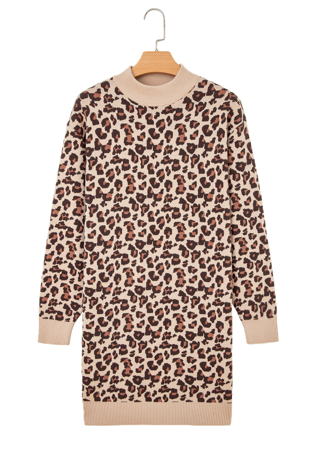 Khaki Leopard Print High Neck Shift Mini Sweater Dress - Kustom Kreations Goods
