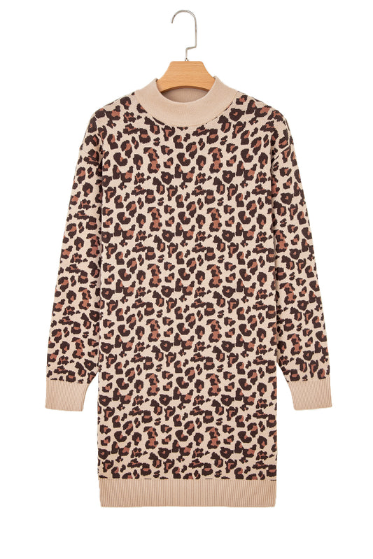 Khaki Leopard Print High Neck Shift Mini Sweater Dress - Kustom Kreations Goods