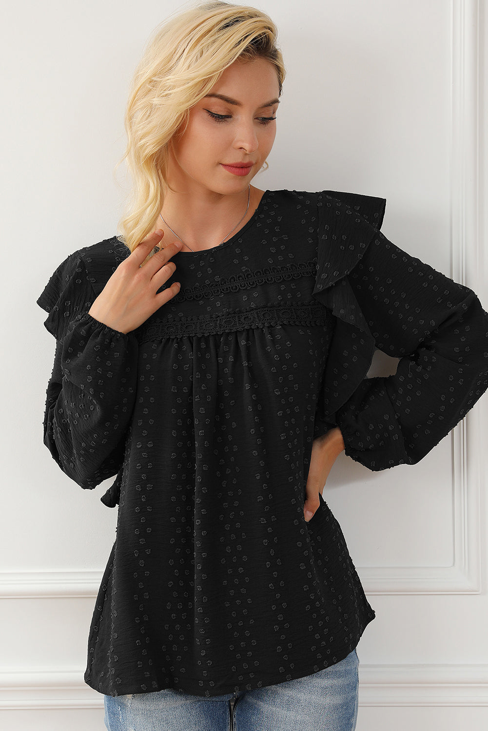 Black Swiss Dot Ruffle Shoulder Long Sleeve Blouse
