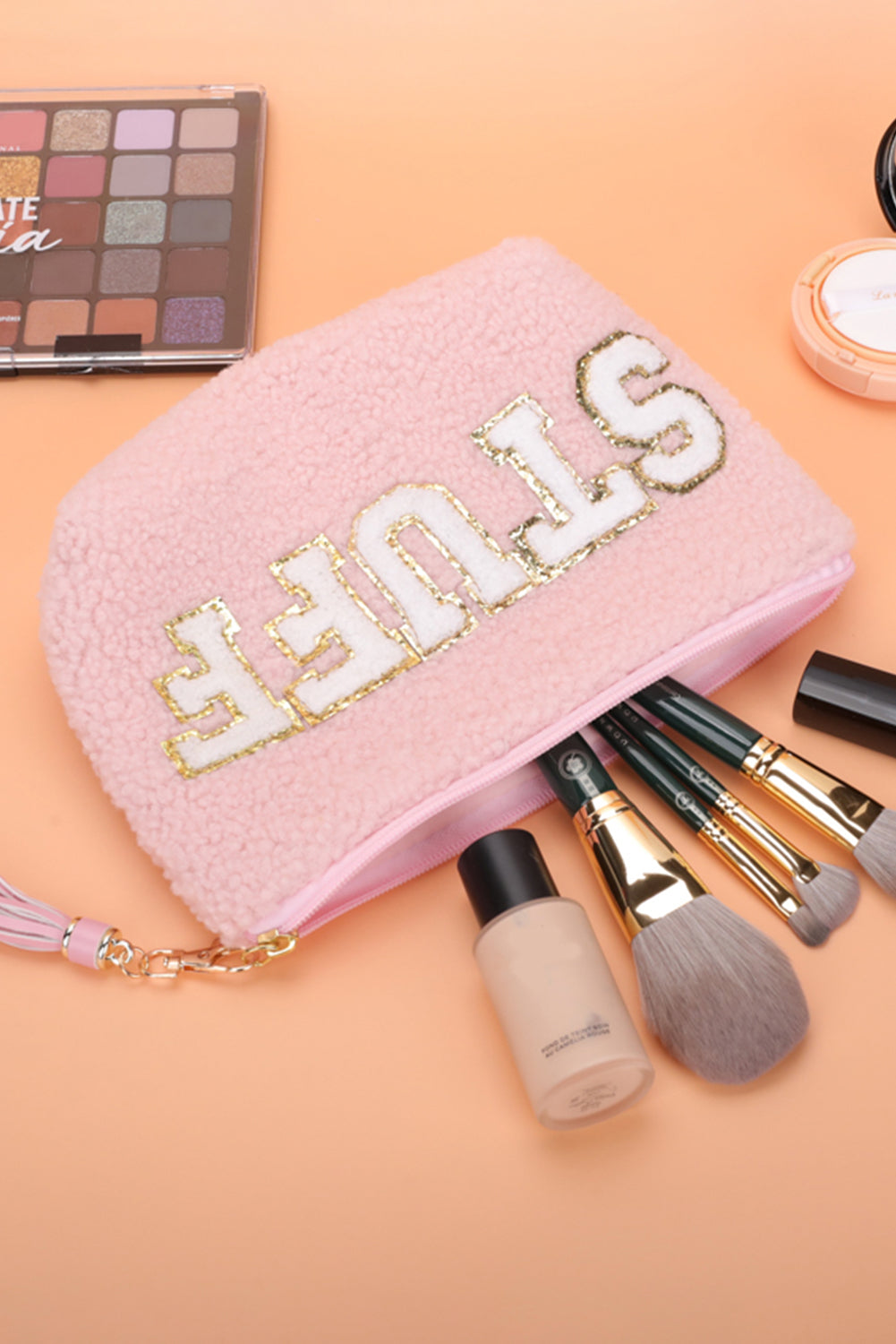 Phalaenopsis STUFF Letter Pattern Tassel Zipper Makeup Bag