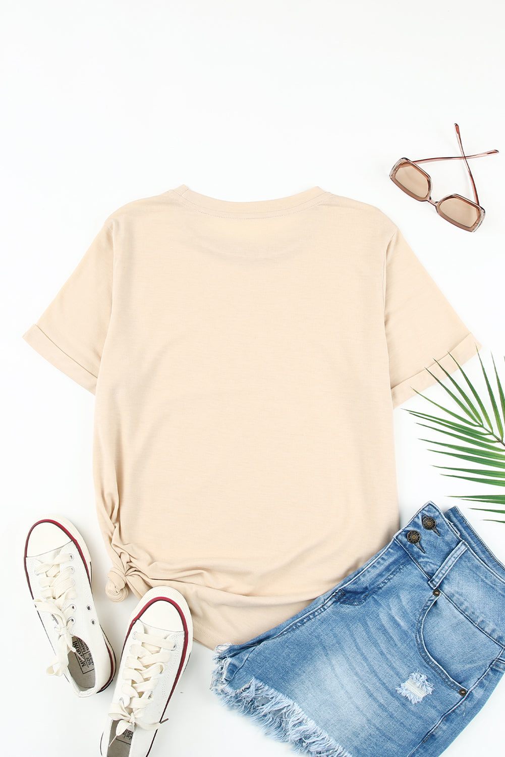 Green Plain Solid Color Crew Neck Tee