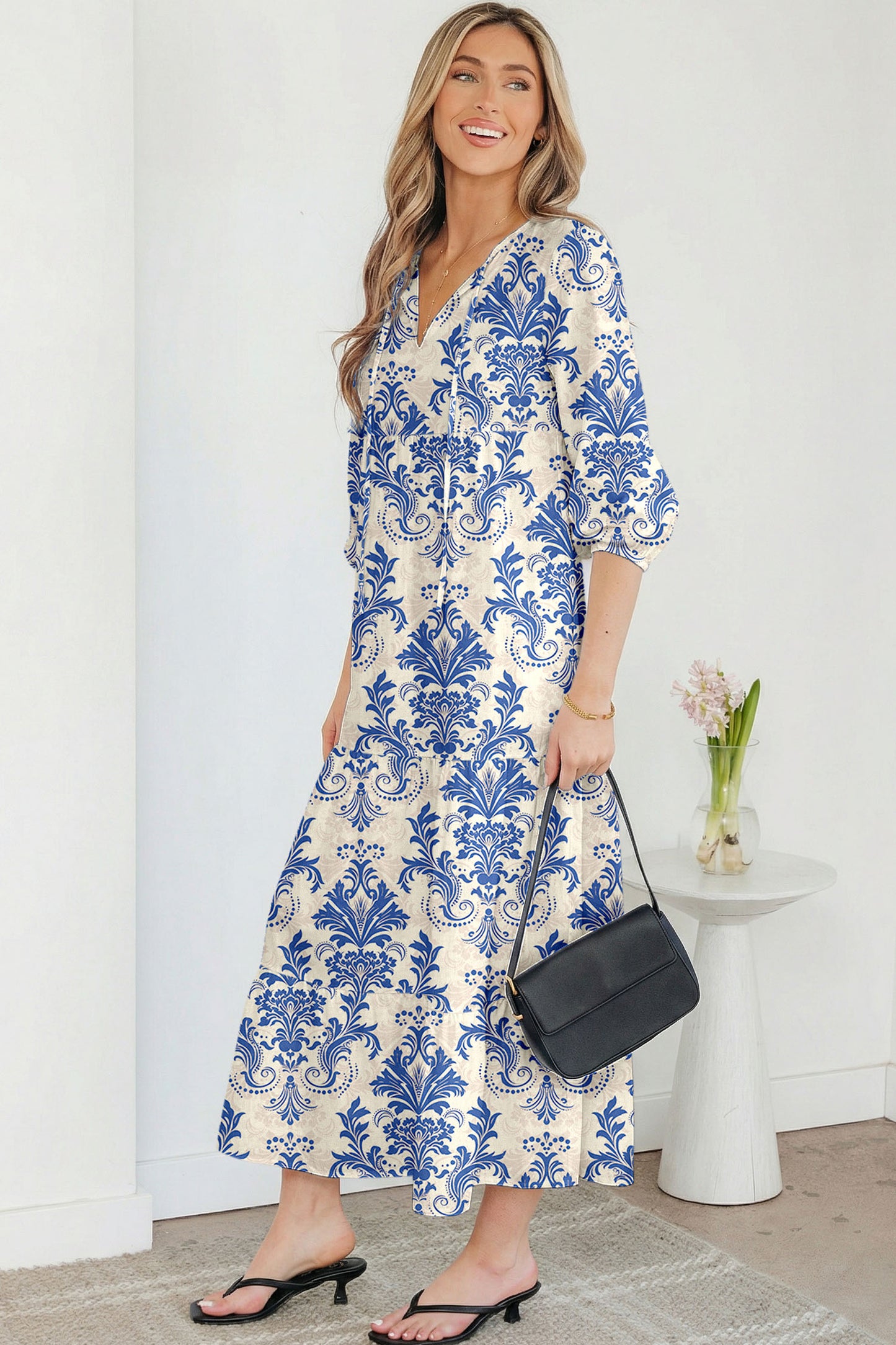 Sky Blue Boho Printed Half Sleeve Maxi Dress - Kustom Kreations Goods