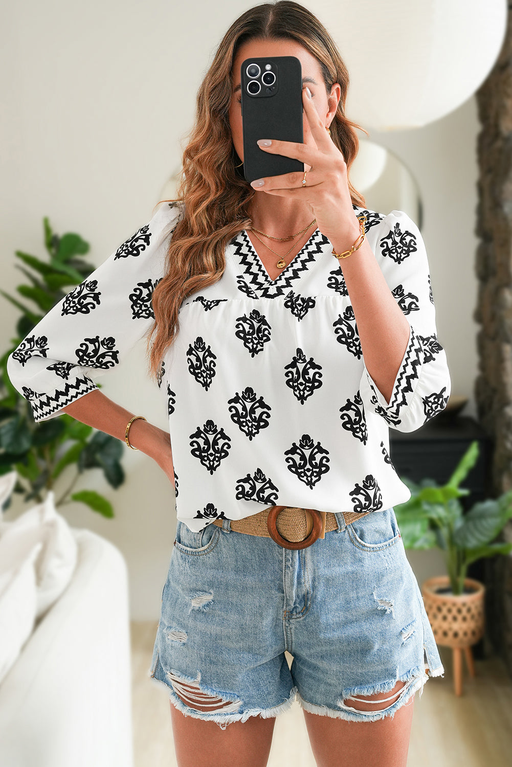 Green Damask Floral Print Contrast V Neck 3/4 Sleeve Blouse - Kustom Kreations Goods