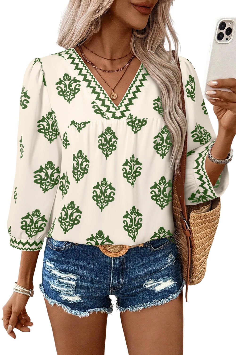 Green Damask Floral Print Contrast V Neck 3/4 Sleeve Blouse - Kustom Kreations Goods