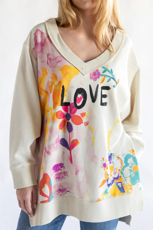 White Cute Letter Print V Neck Long Sleeve Blouse