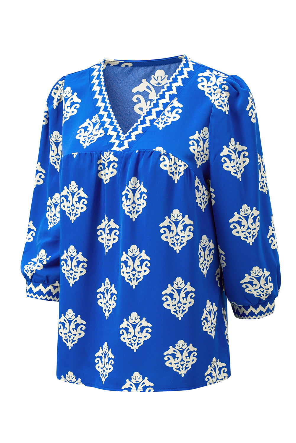 Green Damask Floral Print Contrast V Neck 3/4 Sleeve Blouse - Kustom Kreations Goods