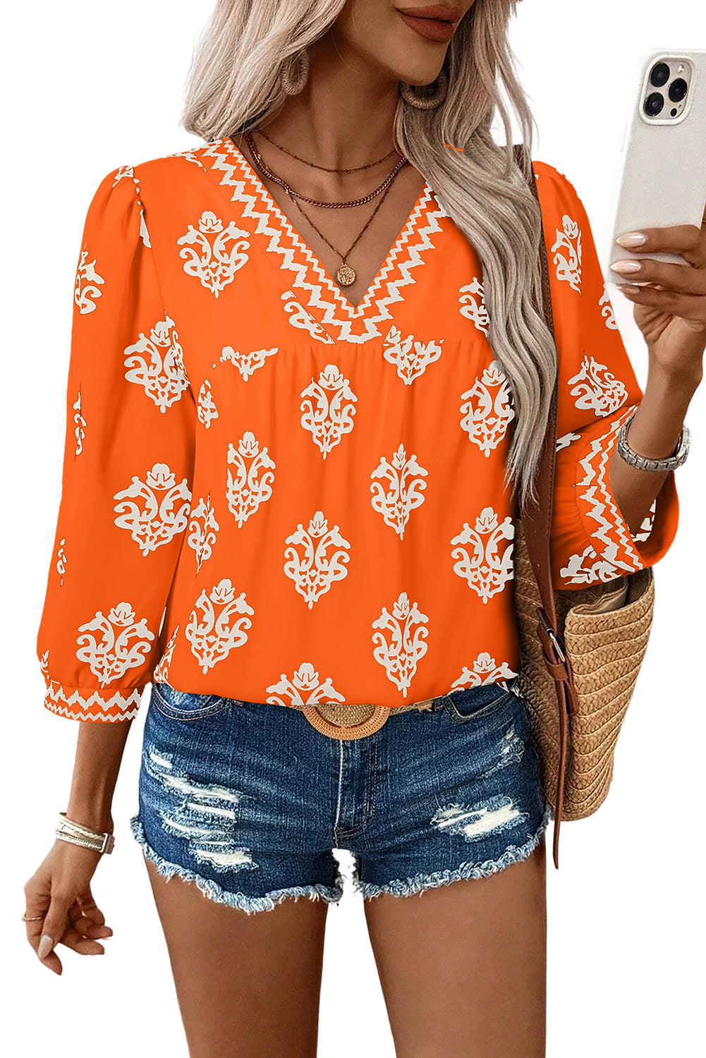Green Damask Floral Print Contrast V Neck 3/4 Sleeve Blouse - Kustom Kreations Goods