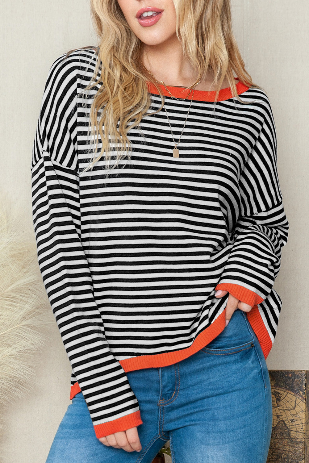 Gray Striped Contrast Trim Knit Pullover Sweater