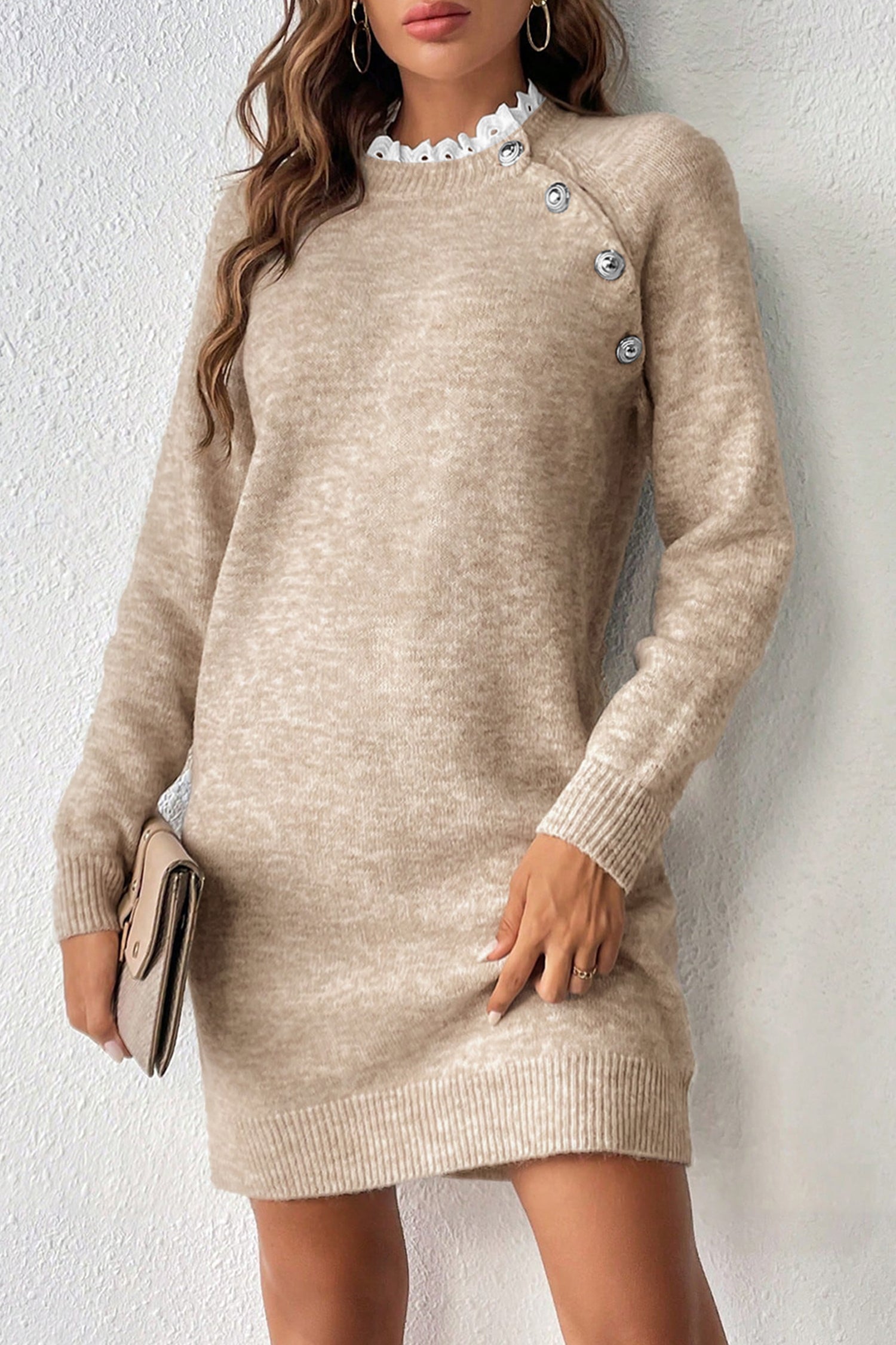 Parchment Button Lace Detail Raglan Sleeve Shift Mini Sweater Dress - Kustom Kreations Goods