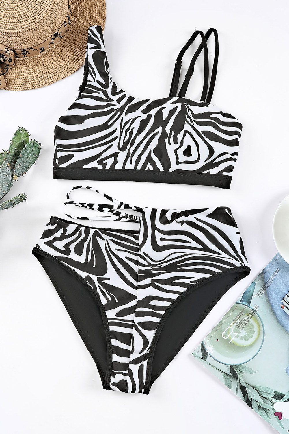 Black Sexy Asymmetric Strappy Zebra Print High Waist Bikini Swimsuit