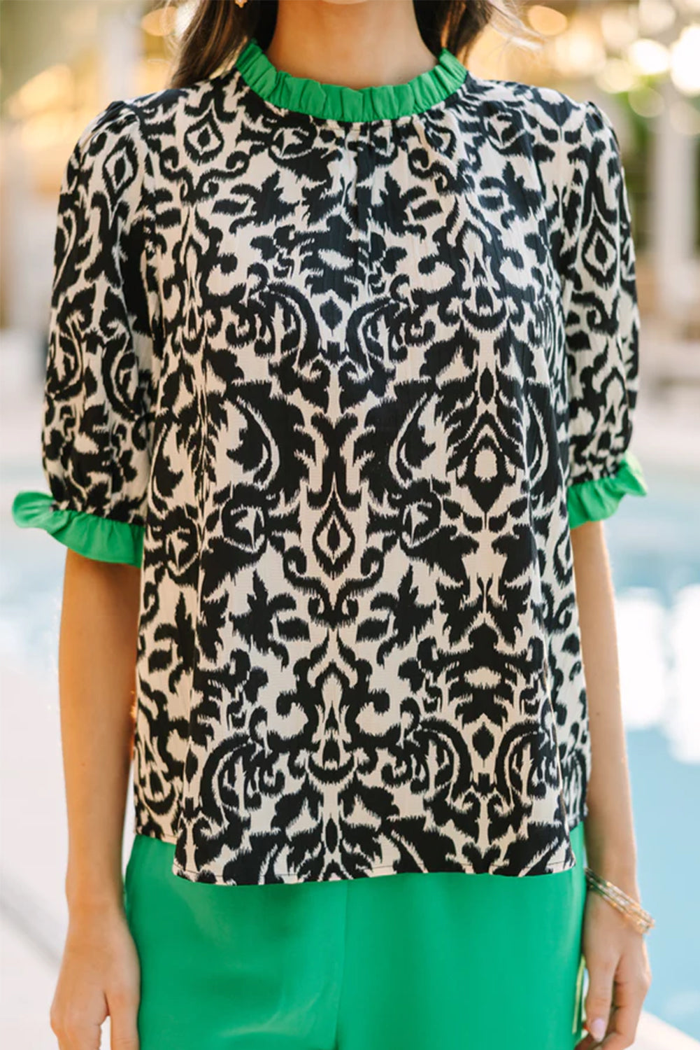 Black Abstract Frill Sleeve Stand Neck Blouse