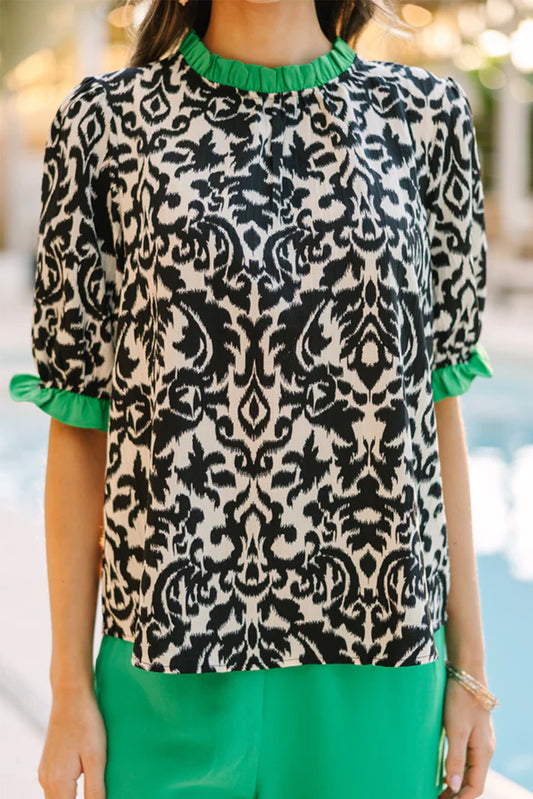 Black Abstract Frill Sleeve Stand Neck Blouse