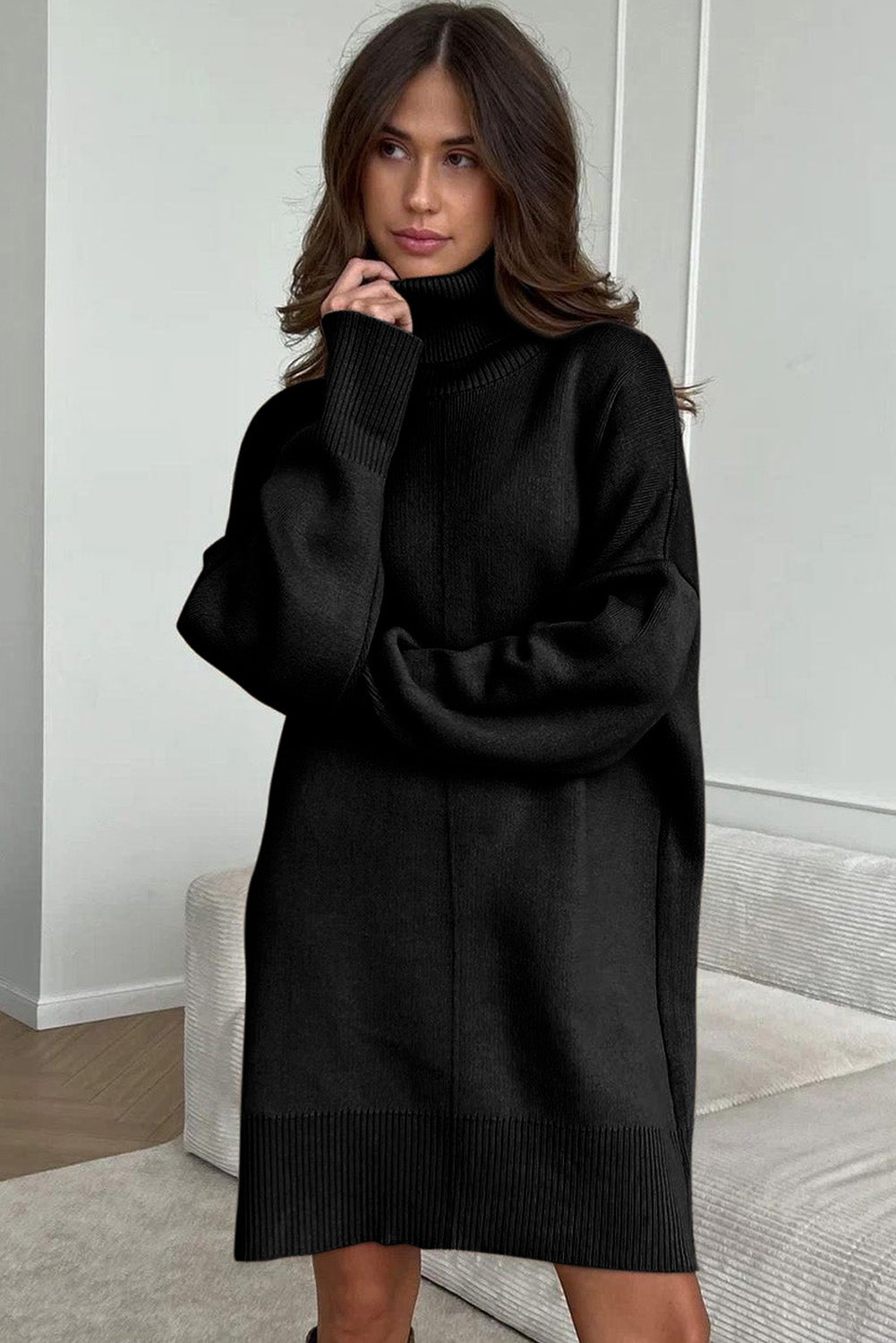 Black Solid Color Turtleneck Drop Shoulder Loose Sweater Dress - Kustom Kreations Goods