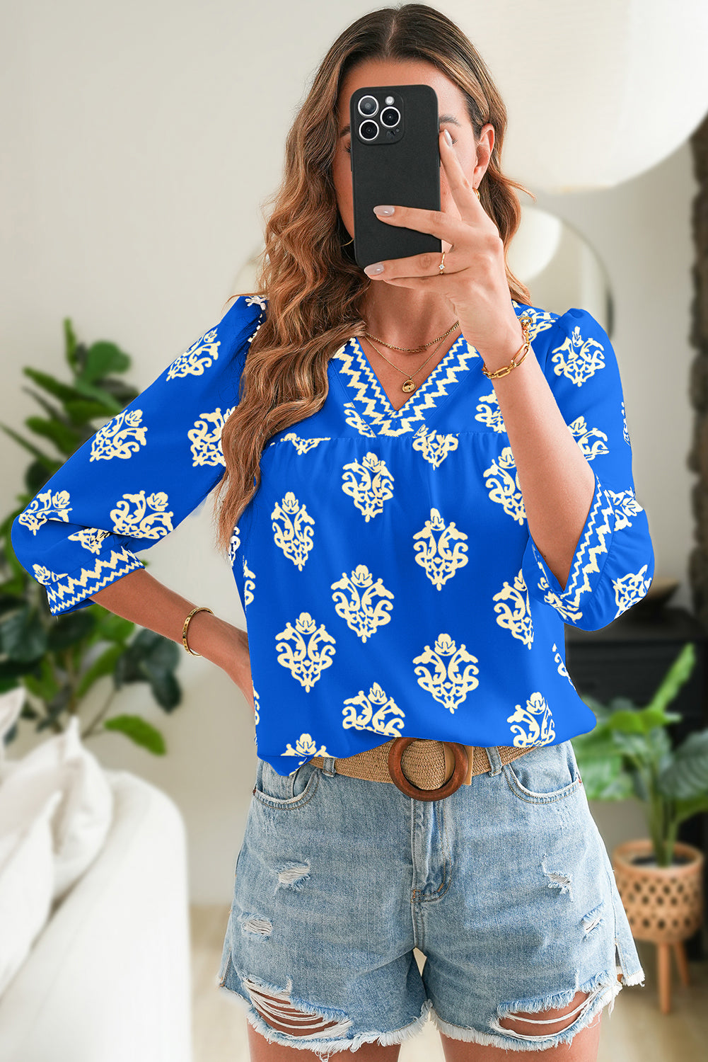 Green Damask Floral Print Contrast V Neck 3/4 Sleeve Blouse - Kustom Kreations Goods