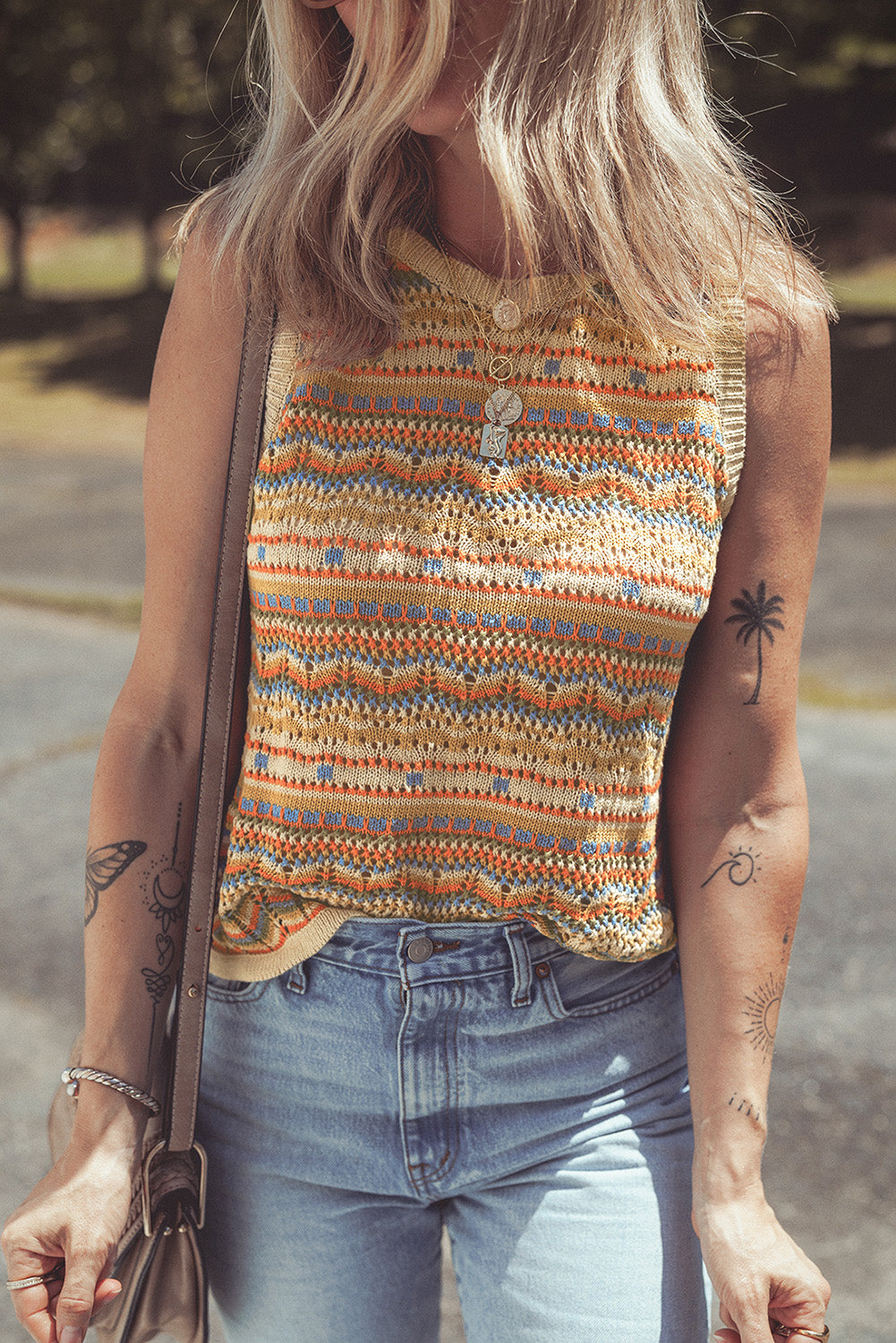 Brown Stripe Eyelet Crochet Round Neck Knit Top