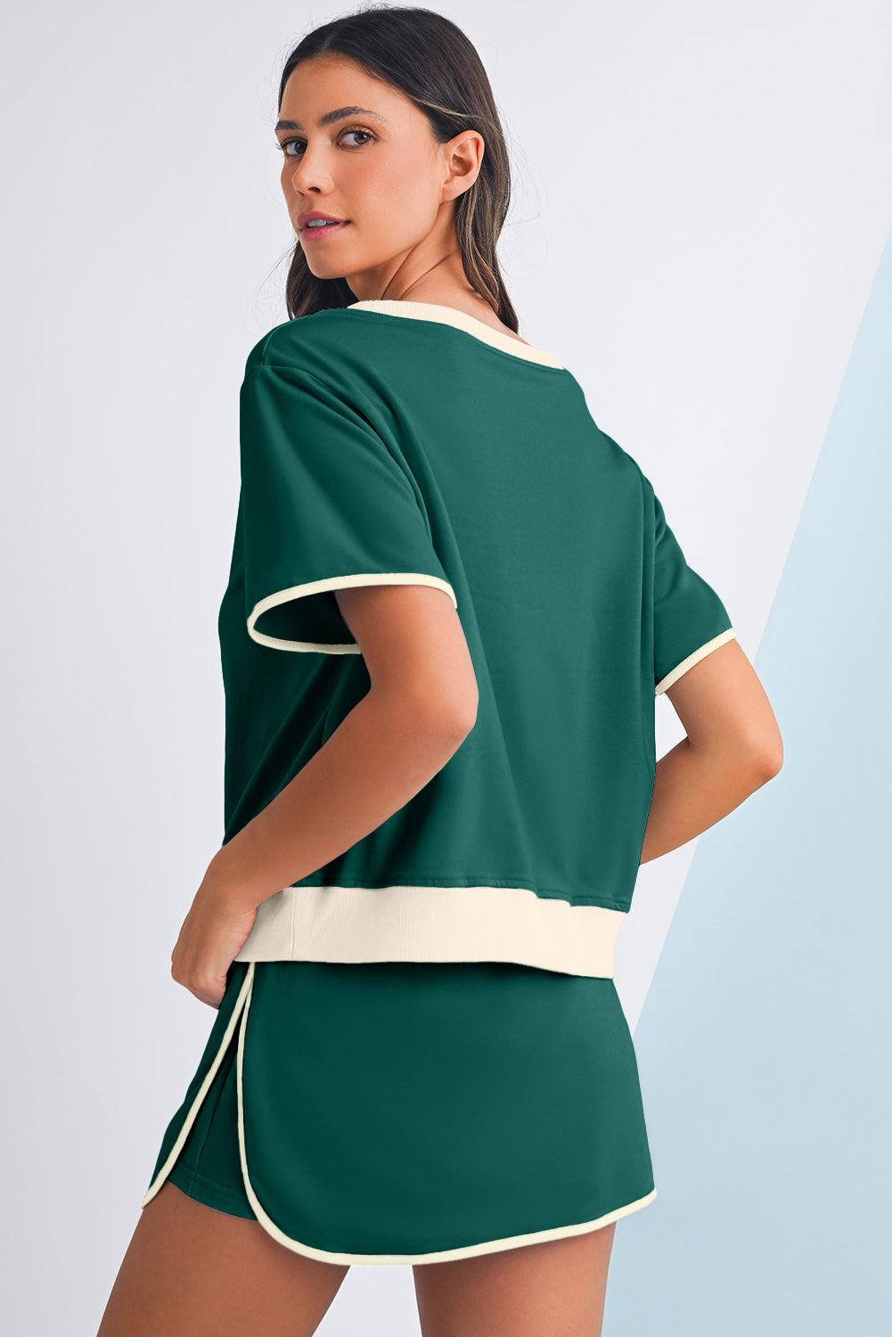 Evergreen Colorblock Edge Drop Shoulder T Shirt and Skort 2Pcs Set - Kustom Kreations Goods