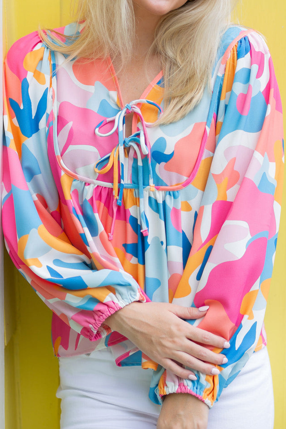 Multicolour Abstract Print V Neck Knot Blouse
