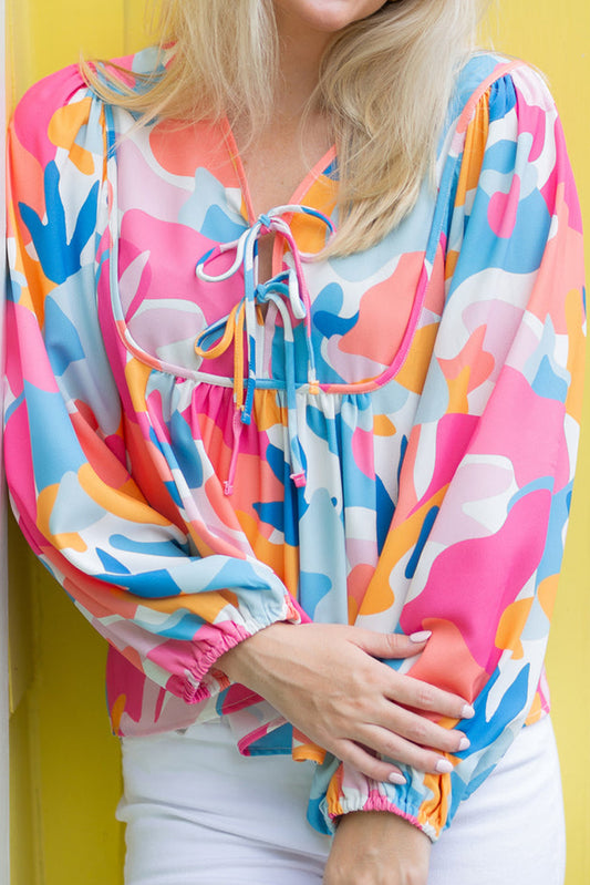 Multicolour Abstract Print V Neck Knot Blouse