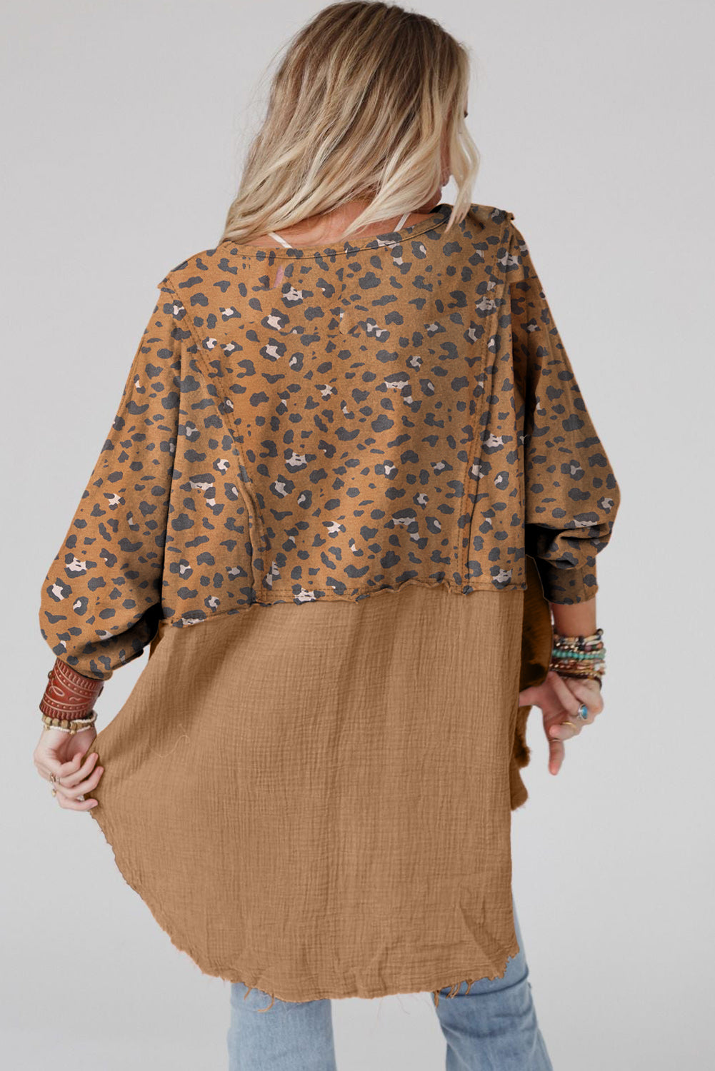 Pink Leopard Patchwork Raw Edge Oversized Top