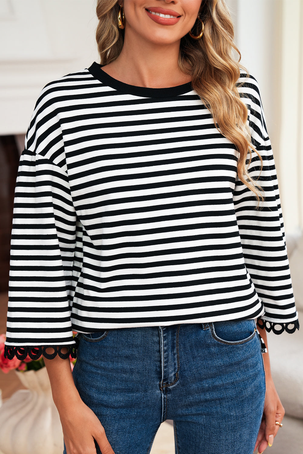 Racing Red Striped Round Neck Contrast Trim Bell Sleeve Top