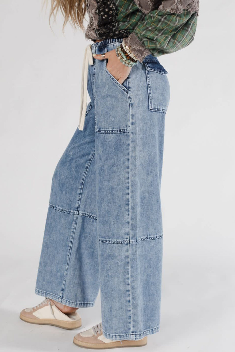 Ashleigh Blue Acid Wash Exposed Seam Drawstring High Waist Jeans - Kustom Kreations Goods