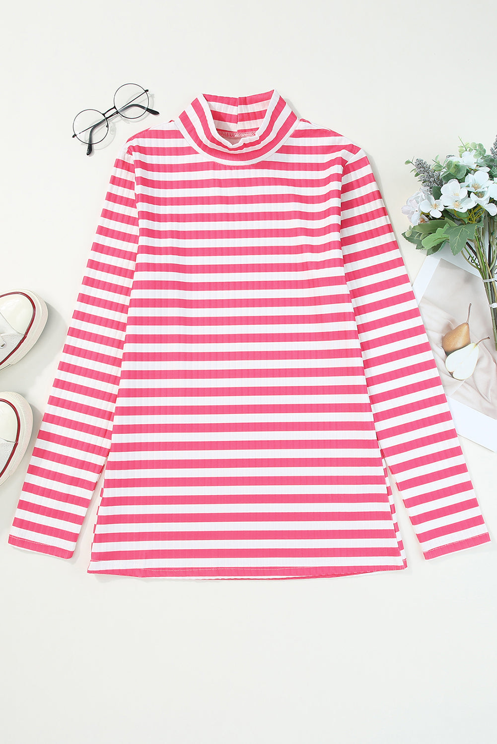 Stripes Print Ribbed Knit Long Sleeve Casual Mock Neck Top