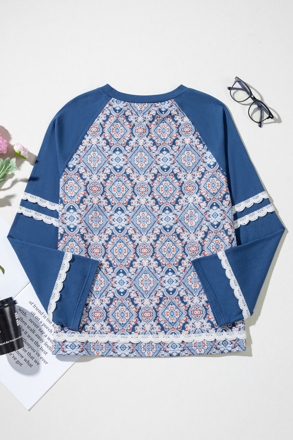 Blue Boho Geometric Print Lace Ricrac Raglan Sleeve Blouse