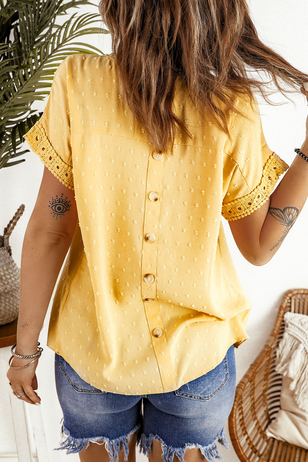 Apricot Swiss Dot Crochet Eyelet Back Button Detail Blouse