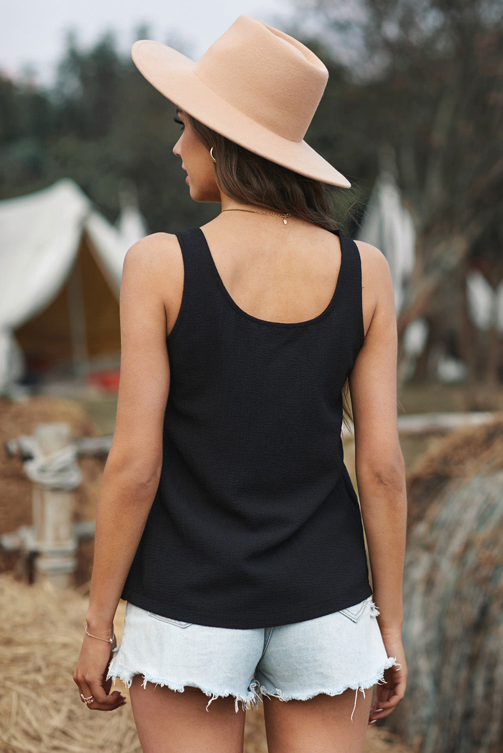 White Scoop Neck Loose Fit Button Front Tank Top for Women
