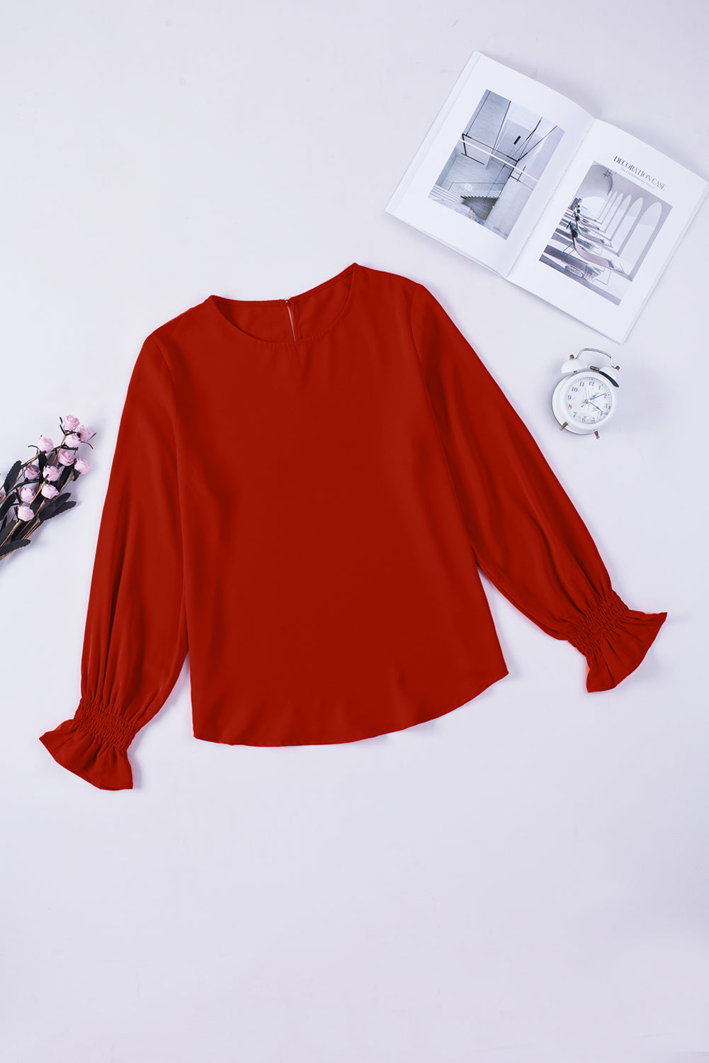 Red Solid Color Pullover Smocked Cuffs Long Sleeve Blouse