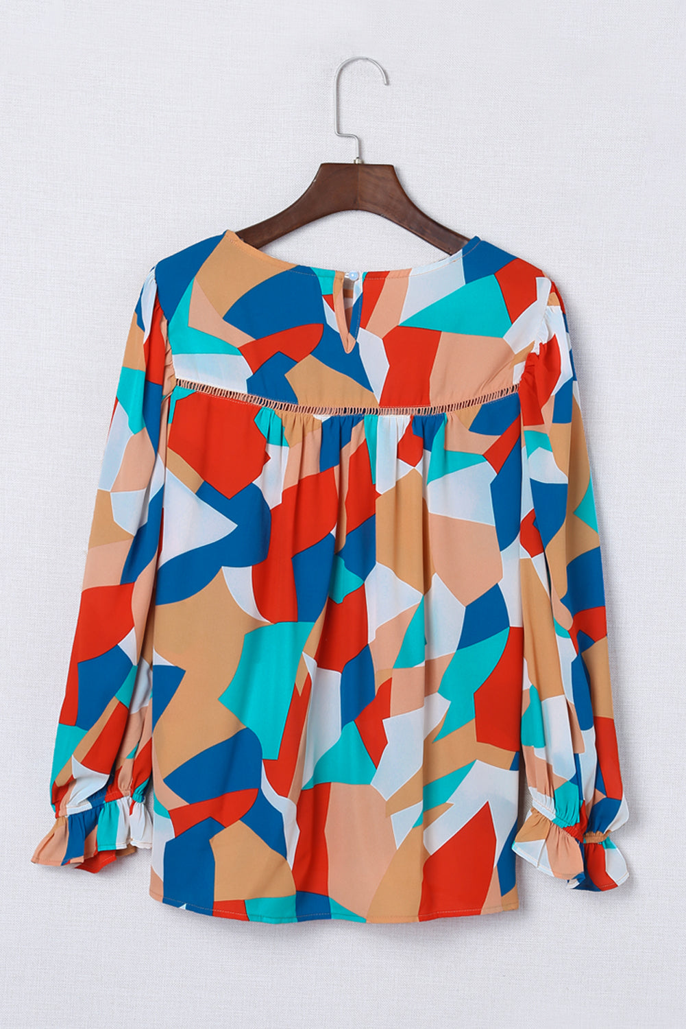 Multicolor Colorblock Casual Ruffle Puff Sleeve Blouse