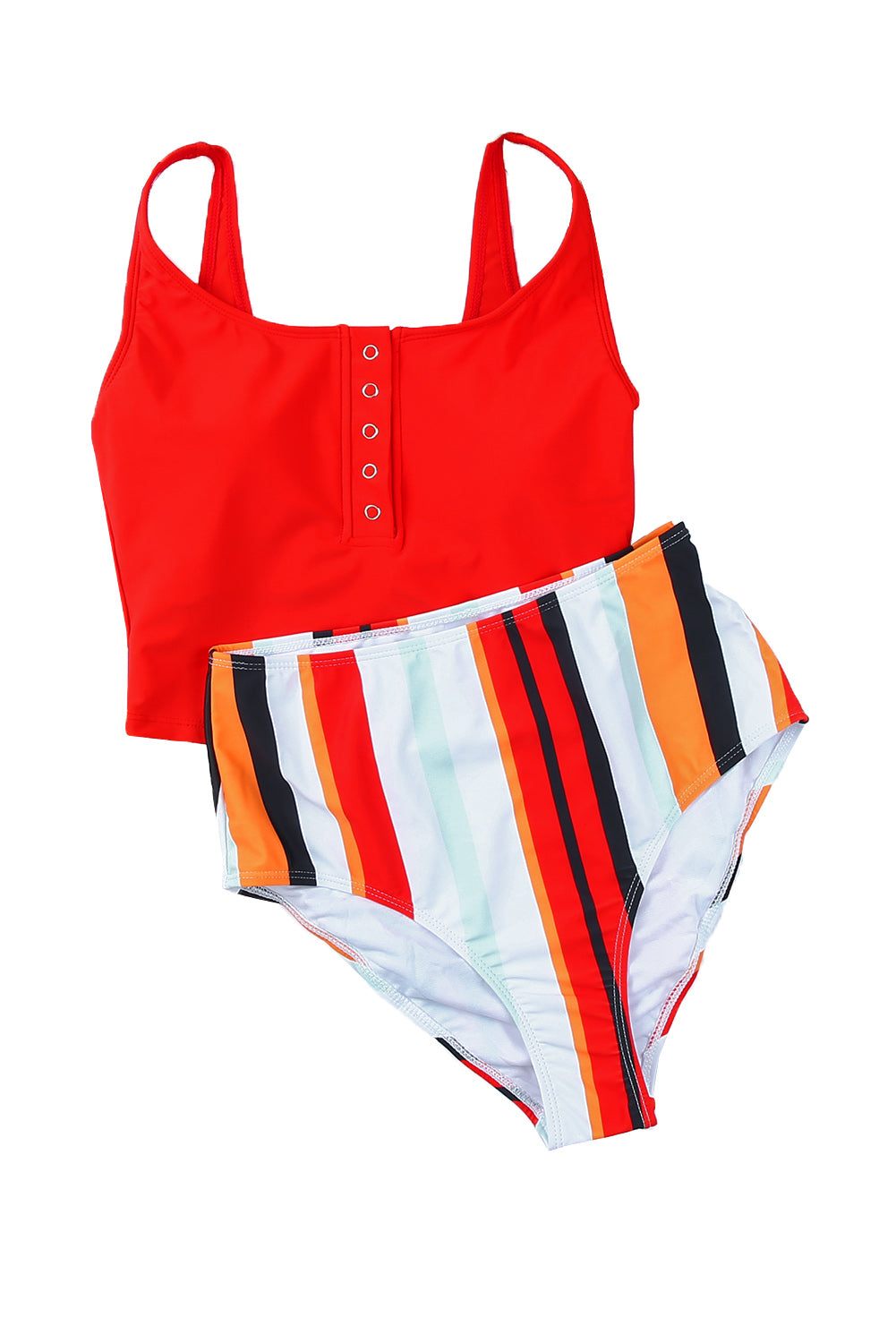 Red Sexy Square Neck Sleeveless Striped Print Tankini Swimsuit