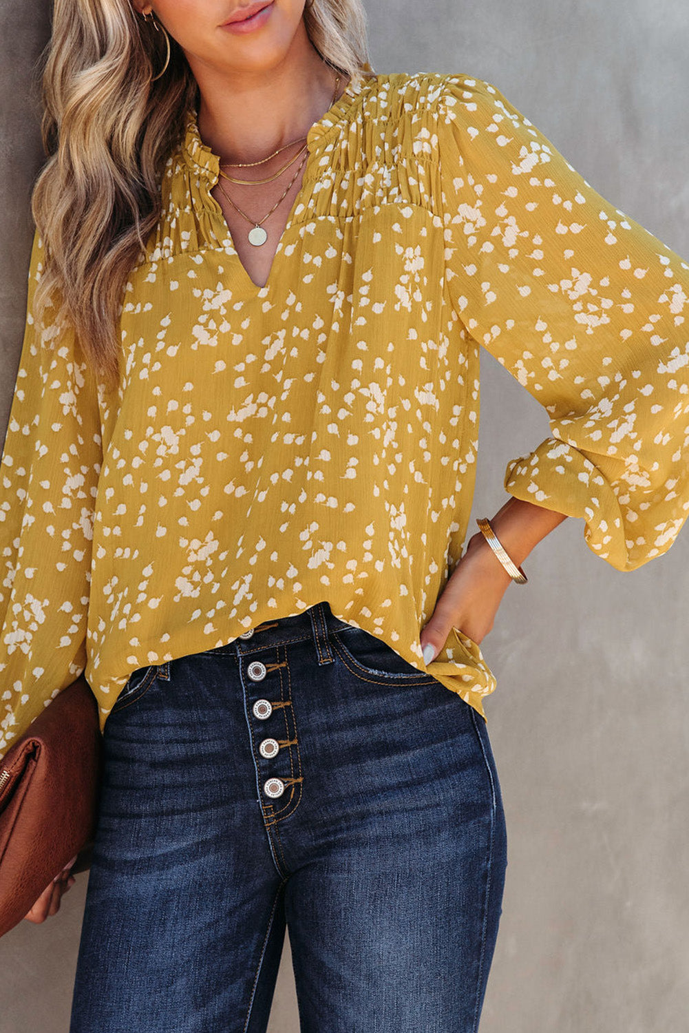 Yellow Frill Split V Neck Boho Crinkled Blouse