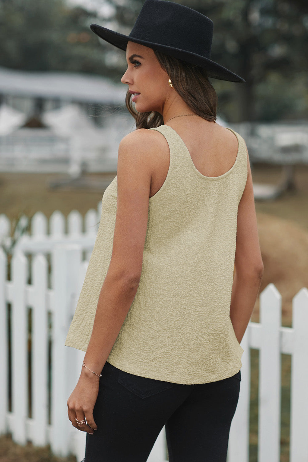 White Scoop Neck Loose Fit Button Front Tank Top for Women