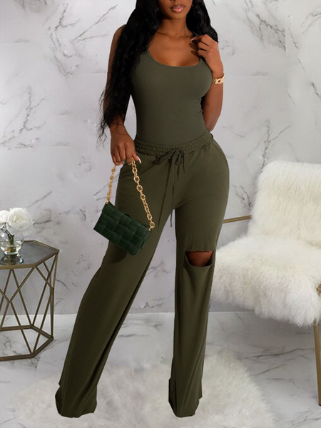 Scoop Neck Racerback Bodysuit and Distressed Wide Leg Pant. 2pc set HWF57Y2SD3