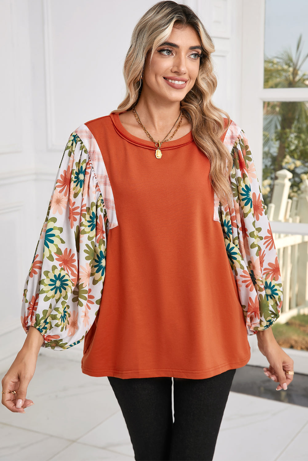 Desert Gold Floral Patchwork Sleeve Loose Top