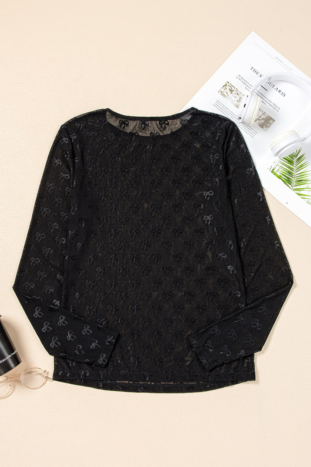 Black Bow Pattern Long Sleeve Slim Fit Mesh Top - Kustom Kreations Goods