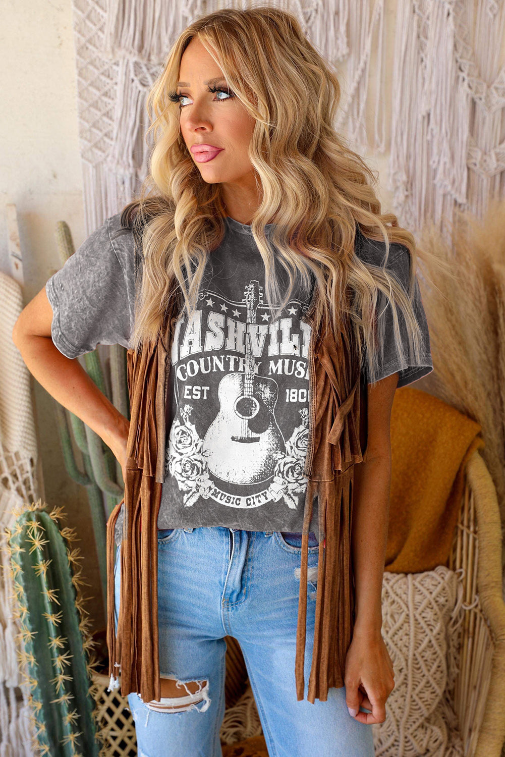 Gray Vintage Washed Nashville Rock Band T Shirt
