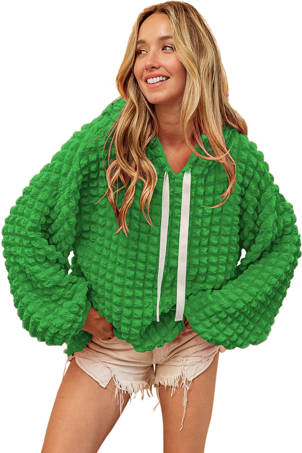 Green Waffle Textured Drawstring Pullover Hoodie