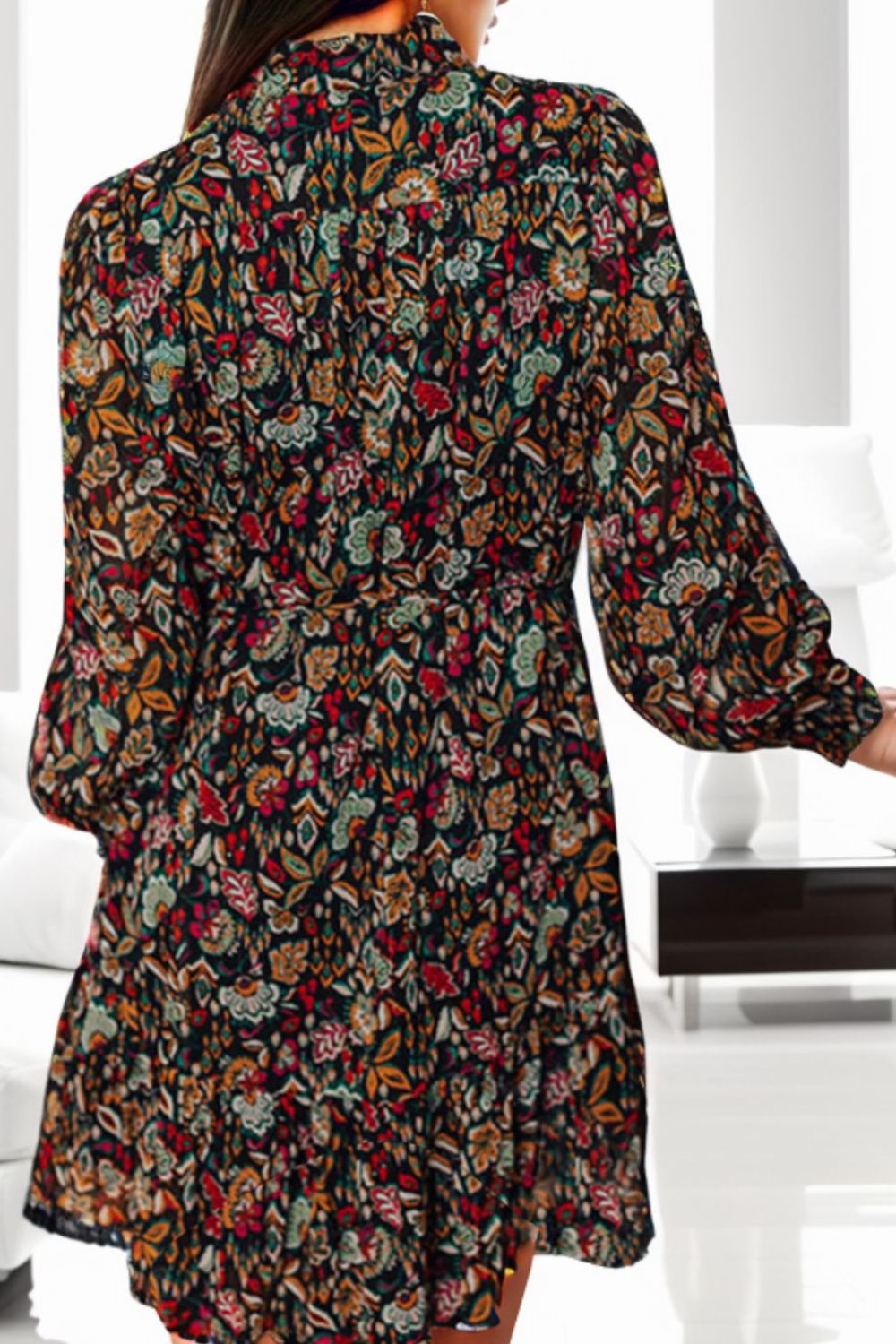 Printed Notched Long Sleeve Dress