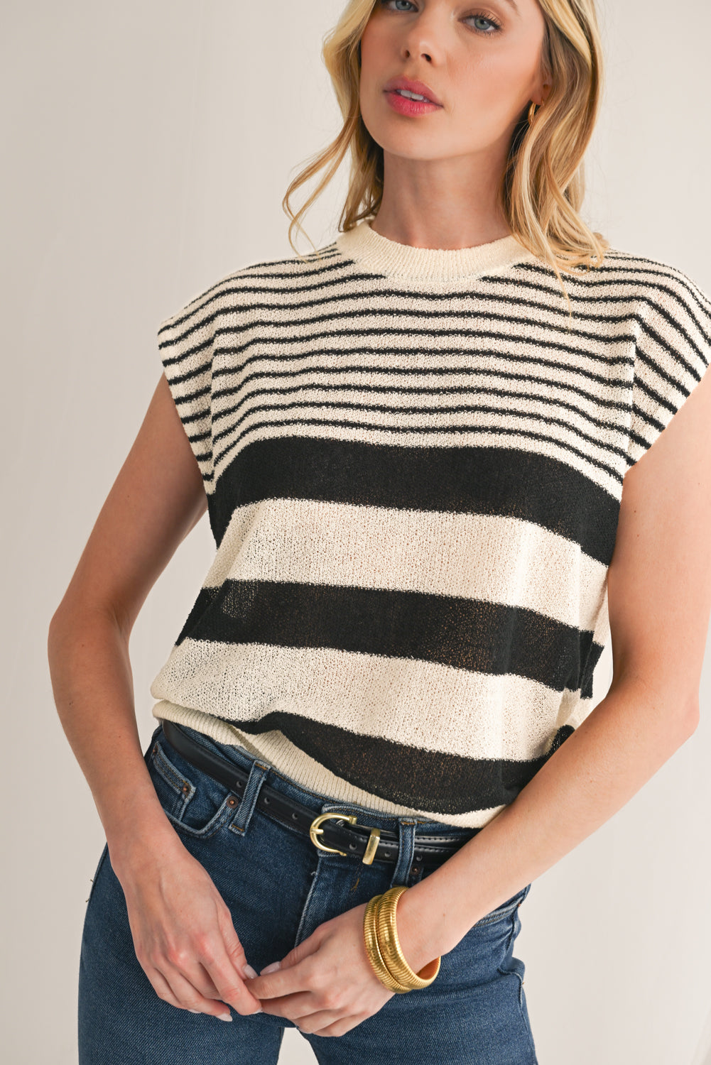 Black White Striped Sleeveless Knit Top