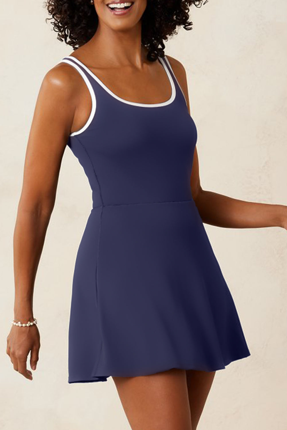 Navy Blue Contrast Edge Ruffled High Waist One Piece Swim Dress - Kustom Kreations Goods