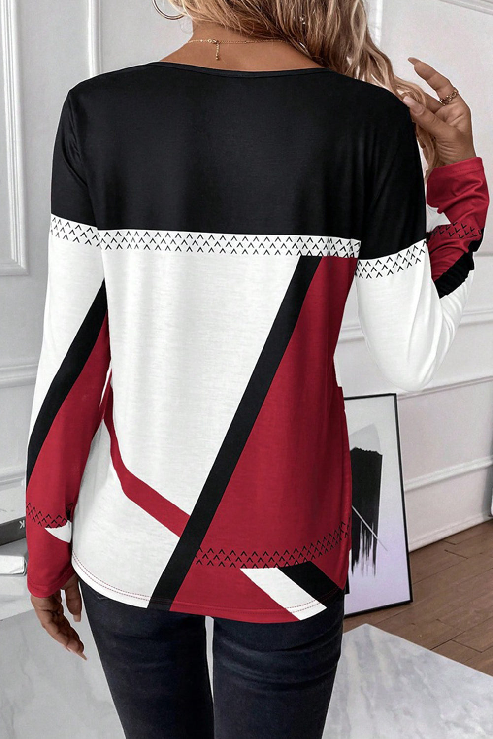 Medium Grey Geometric Print Color Block Crew Neck Top