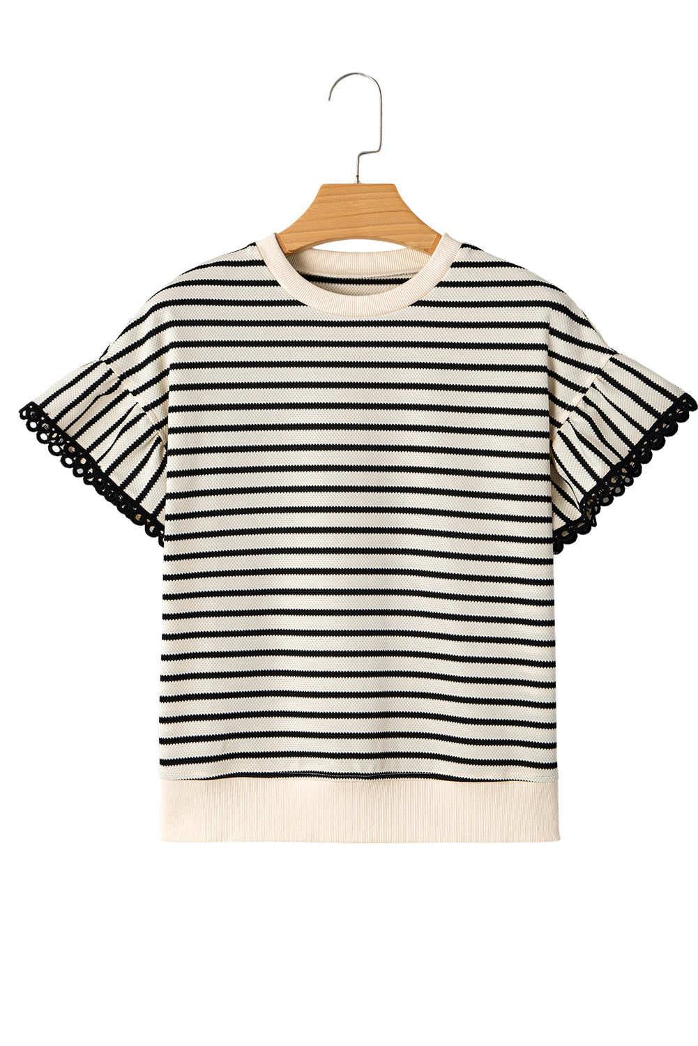 Black Stripe Scallop Lace Trim Ruffle Sleeves Crewneck Top - Kustom Kreations Goods