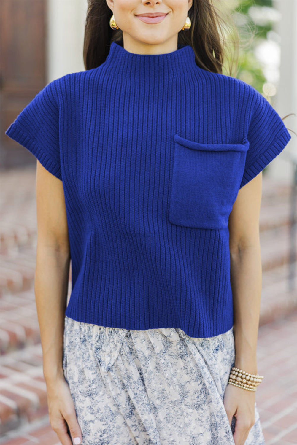 Green Patch Pocket Ribbed Knit Short Sleeve Sweater - Kustom Kreations Goods