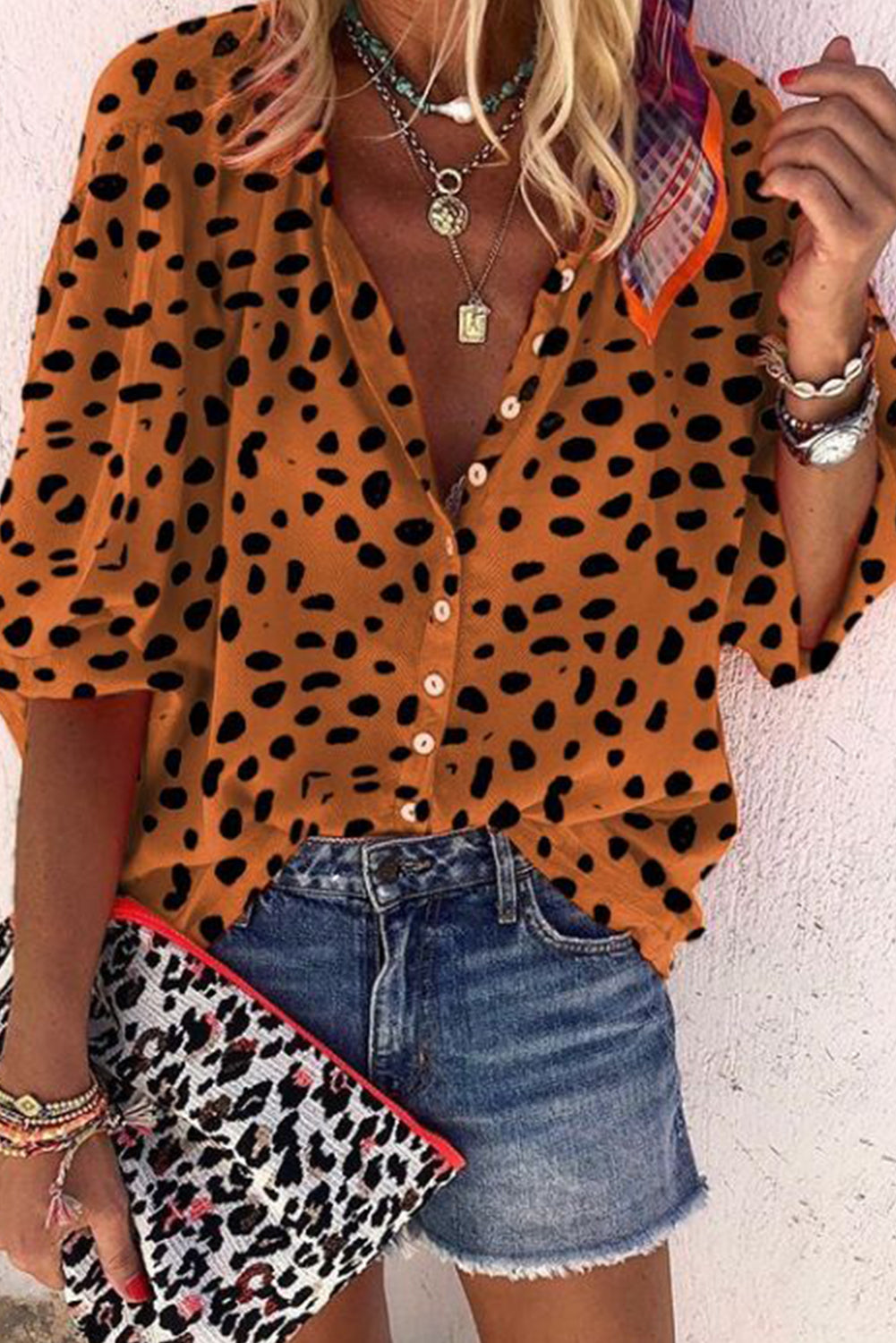 Leopard Print Bishop Sleeve Button Shirt