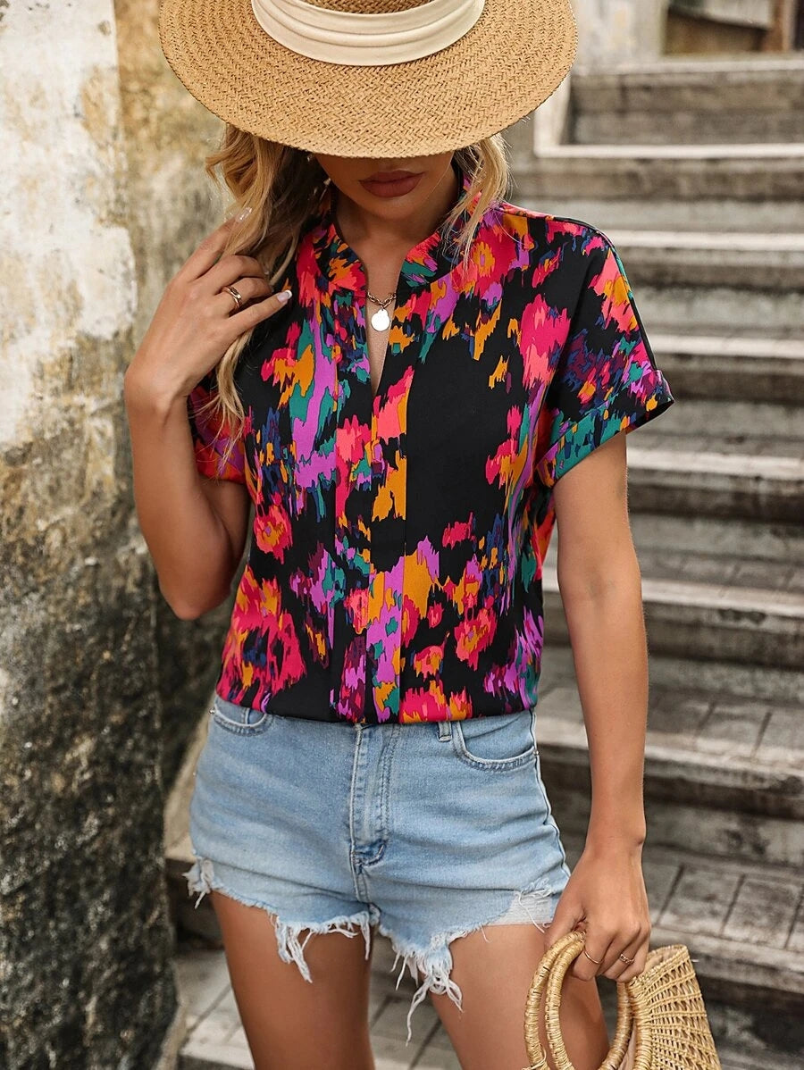 Printed Notched Neck Short Sleeve Blouse